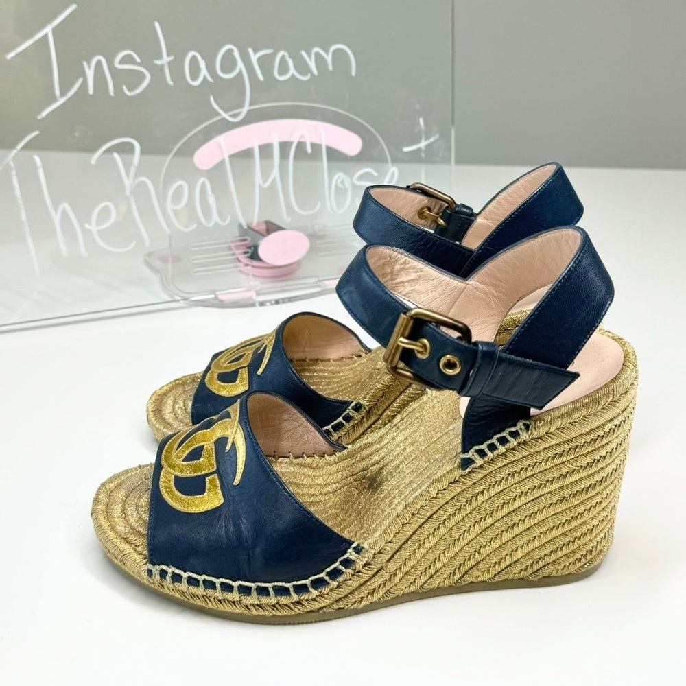 Gucci Navy and Gold Espadrille Wedges - Picture 11 of 11